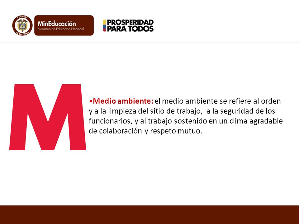 Medio ambiente: el medio ambiente se refiere al orden y a la limpieza del sitio de trabajo, a la seguridad de los funcionarios, y al trabajo sostenido en un clima agradable de colaboración y respeto mutuo.