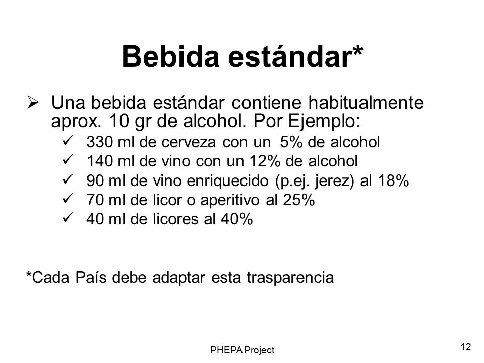Bebida estándar* Una bebida estándar contiene habitualmente aprox. 10 gr de alcohol. Por Ejemplo: 330 ml de cerveza con un 5% de alcohol.