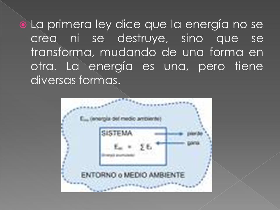 La primera ley dice que la energía no se crea ni se destruye, sino que se transforma, mudando de una forma en otra.