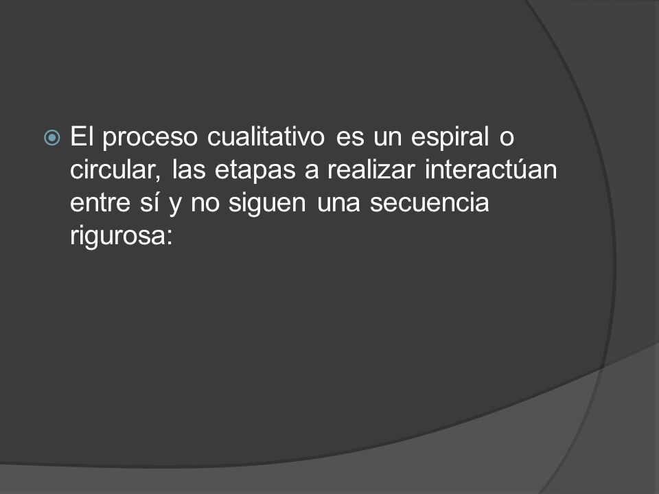 El proceso cualitativo es un espiral o circular, las etapas a realizar interactúan entre sí y no siguen una secuencia rigurosa:
