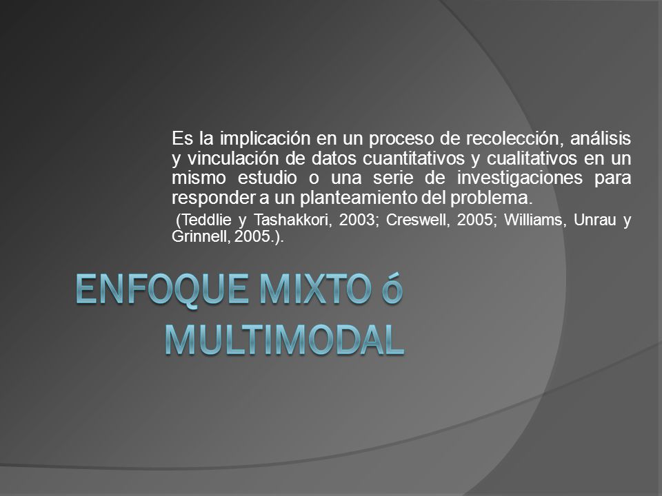 Es la implicación en un proceso de recolección, análisis y vinculación de datos cuantitativos y cualitativos en un mismo estudio o una serie de investigaciones para responder a un planteamiento del problema.