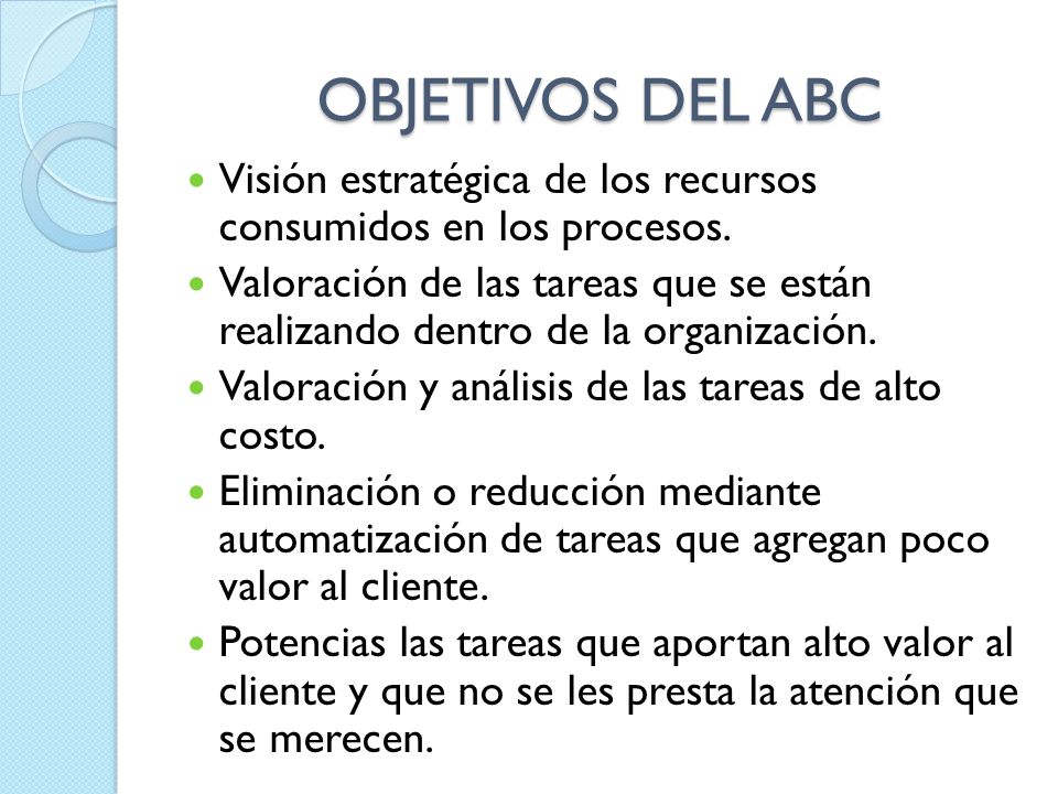 OBJETIVOS DEL ABC Visión estratégica de los recursos consumidos en los procesos.