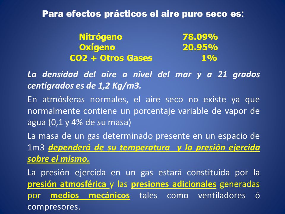 Para efectos prácticos el aire puro seco es: Nitrógeno 78.09% Oxígeno 20.95% CO2 + Otros Gases 1%