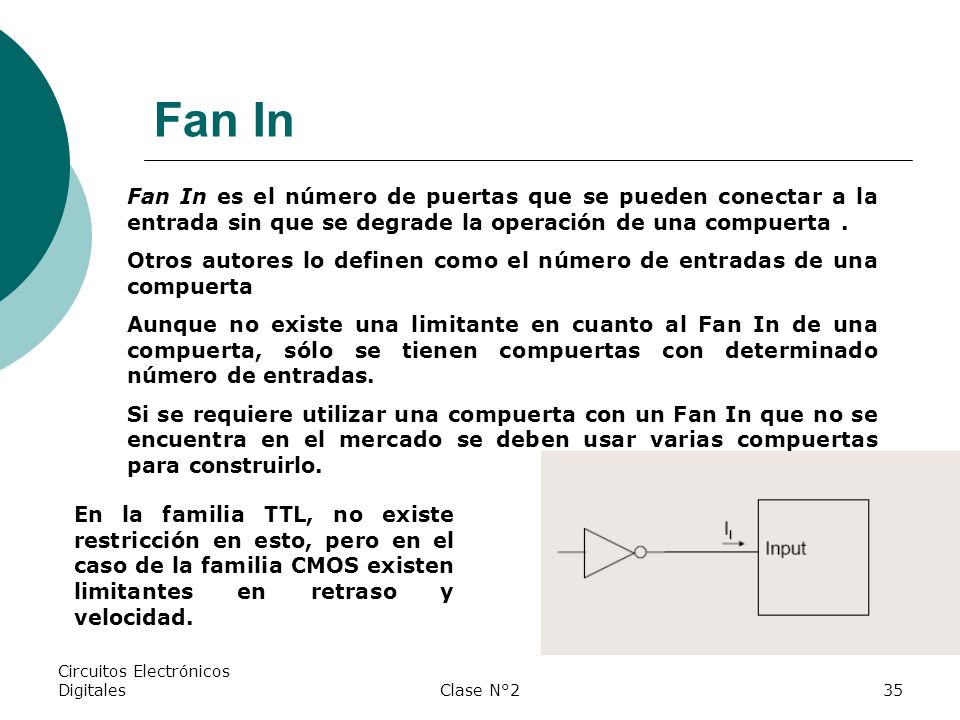 Fan In Fan In es el número de puertas que se pueden conectar a la entrada sin que se degrade la operación de una compuerta .