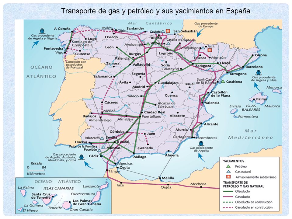 Transporte de gas y petróleo y sus yacimientos en España