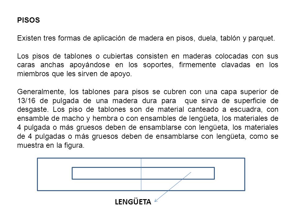 PISOS Existen tres formas de aplicación de madera en pisos, duela, tablón y parquet.