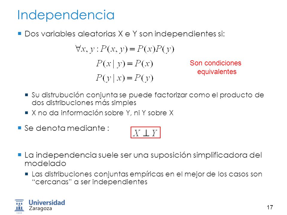 Independencia Dos variables aleatorias X e Y son independientes si: