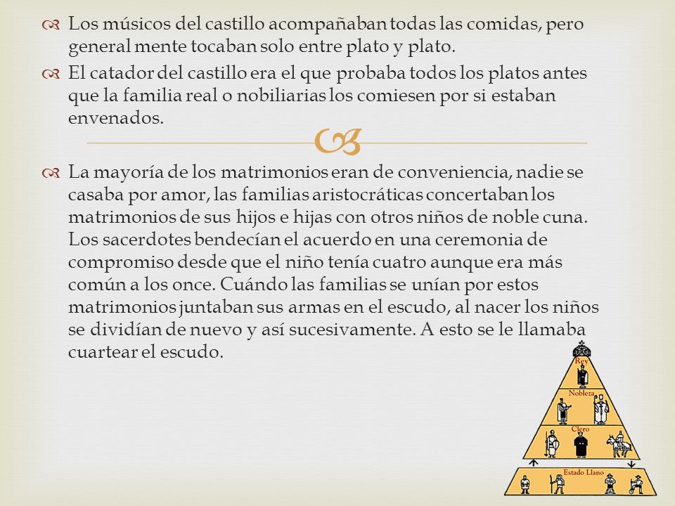 Los músicos del castillo acompañaban todas las comidas, pero general mente tocaban solo entre plato y plato.