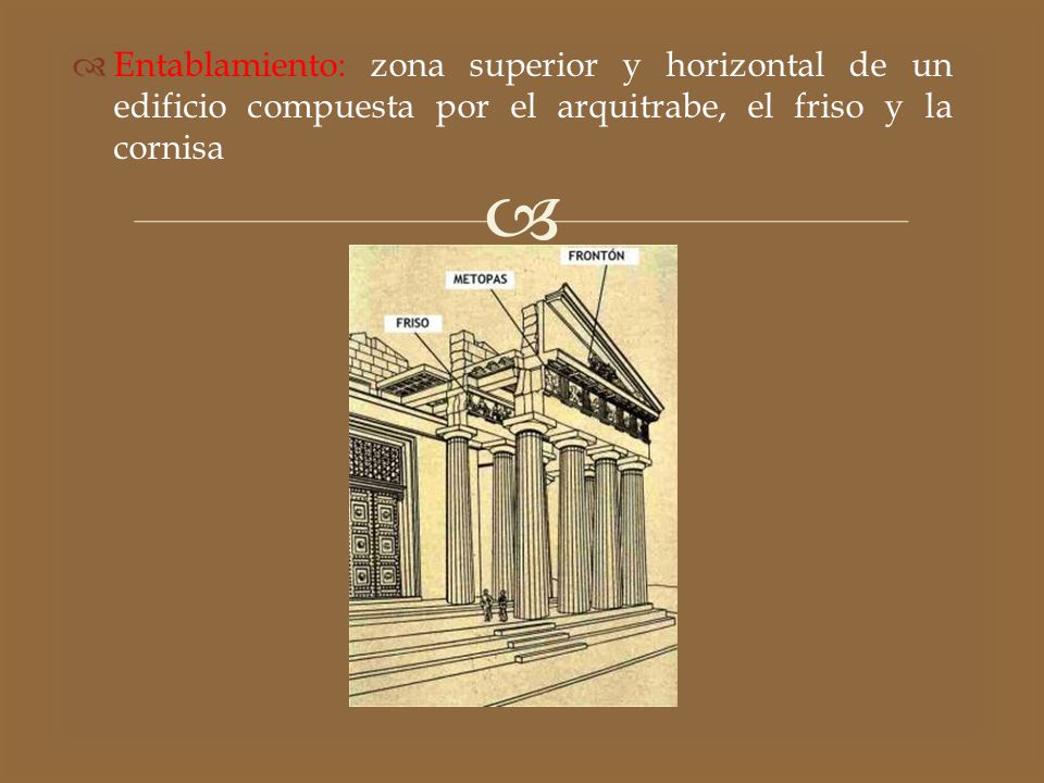 Entablamiento: zona superior y horizontal de un edificio compuesta por el arquitrabe, el friso y la cornisa