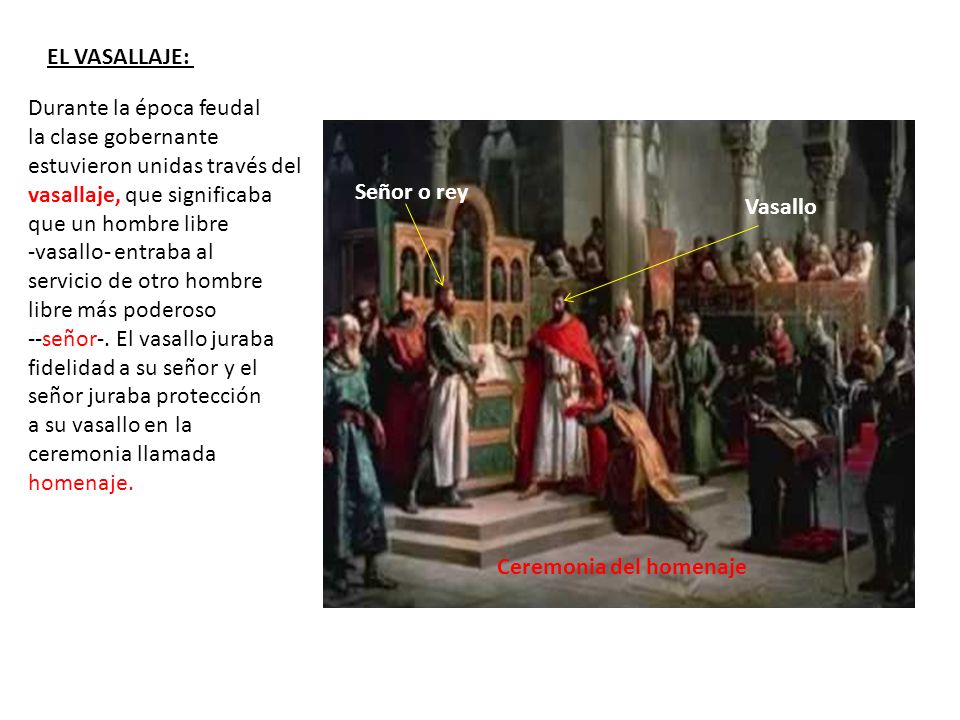 EL VASALLAJE: Durante la época feudal. la clase gobernante. estuvieron unidas través del. vasallaje, que significaba.