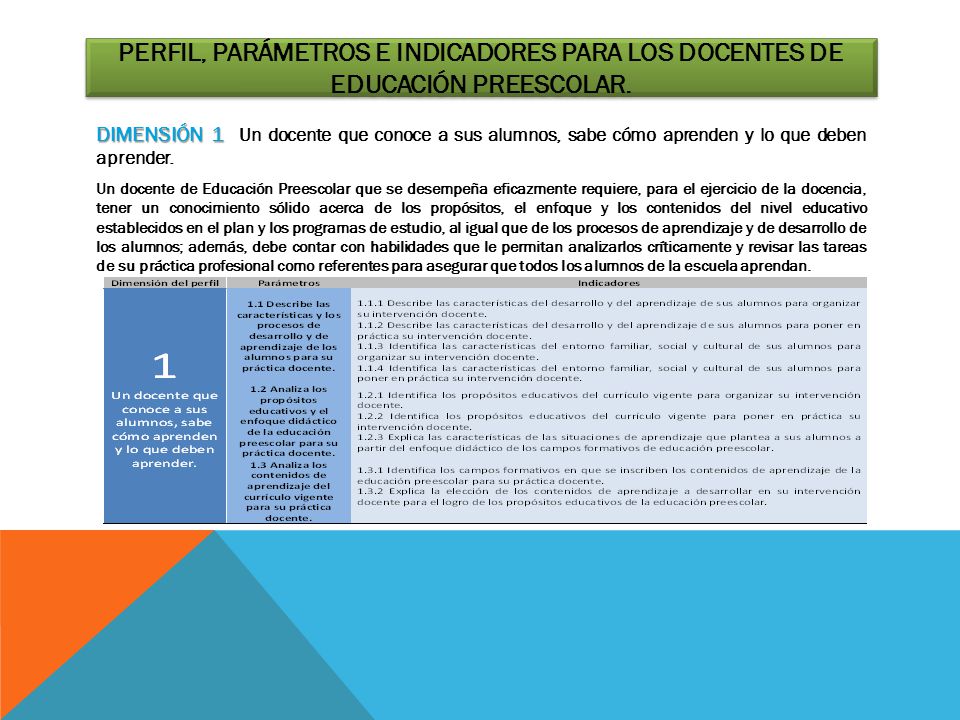 Perfil, parámetros e indicadores para los docentes de educación preescolar.