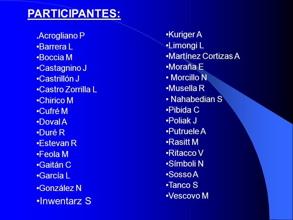 PARTICIPANTES: Inwentarz S .Acrogliano P Barrera L Kuriger A Boccia M