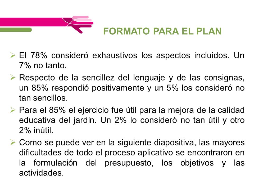 FORMATO PARA EL PLAN El 78% consideró exhaustivos los aspectos incluidos. Un 7% no tanto.