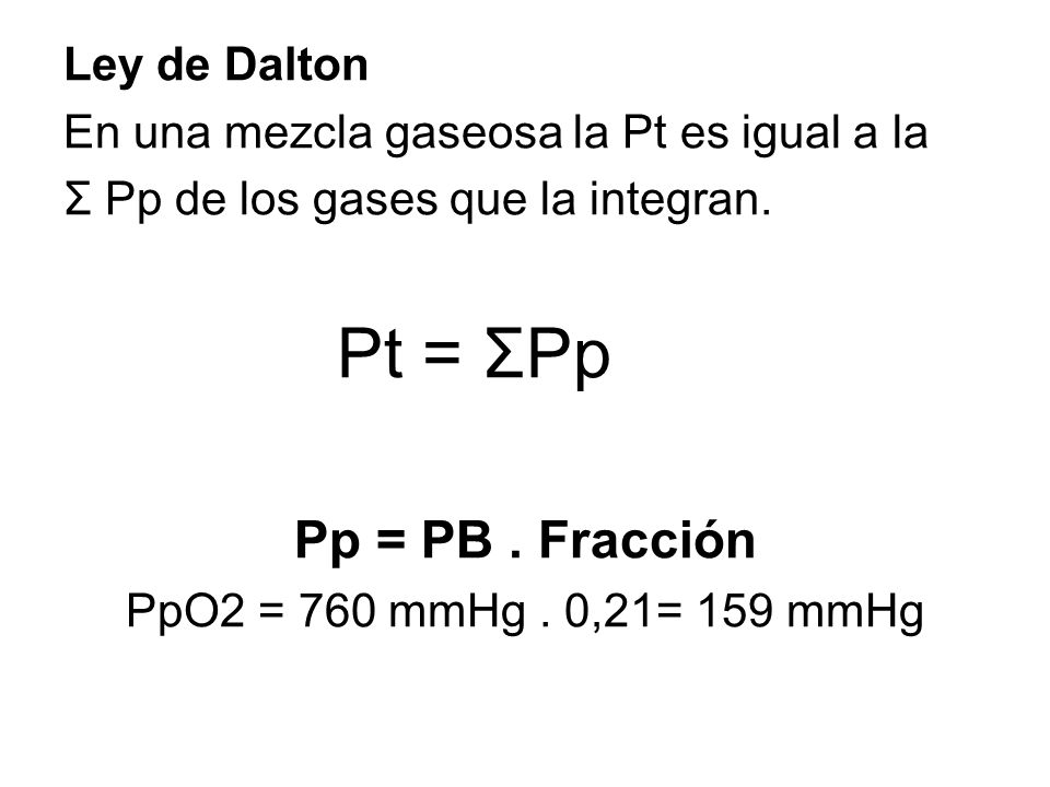 Pt = ΣPp Pp = PB . Fracción Ley de Dalton