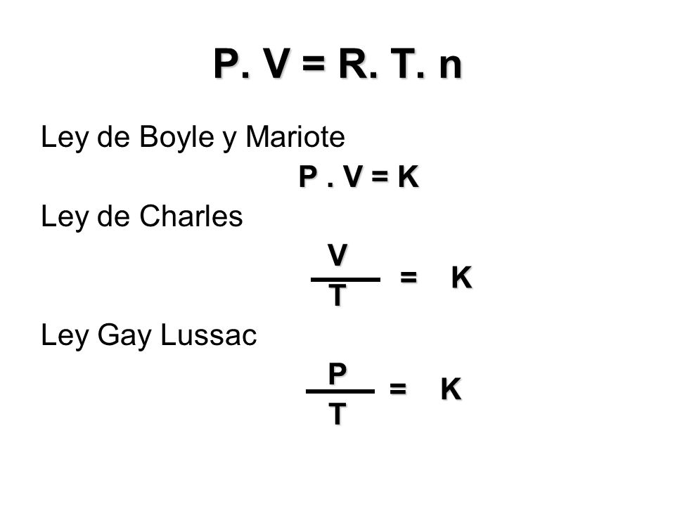 P. V = R. T. n Ley de Boyle y Mariote P . V = K Ley de Charles V T
