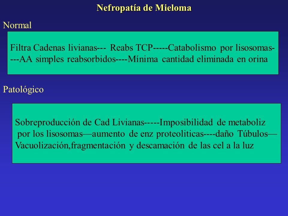 Nefropatía de Mieloma Normal. Filtra Cadenas livianas--- Reabs TCP-----Catabolismo por lisosomas-