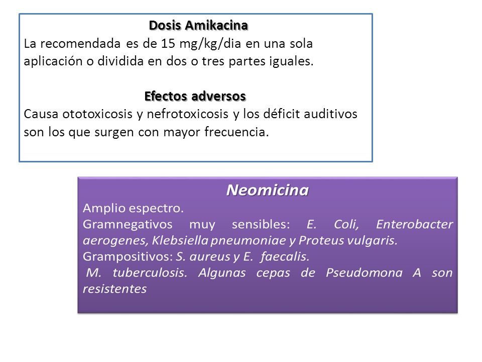 Dosis Amikacina La recomendada es de 15 mg/kg/dia en una sola aplicación o dividida en dos o tres partes iguales.