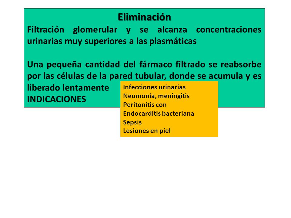Eliminación Filtración glomerular y se alcanza concentraciones urinarias muy superiores a las plasmáticas.