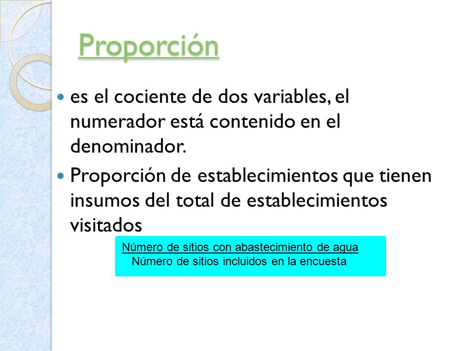 Proporción es el cociente de dos variables, el numerador está contenido en el denominador.