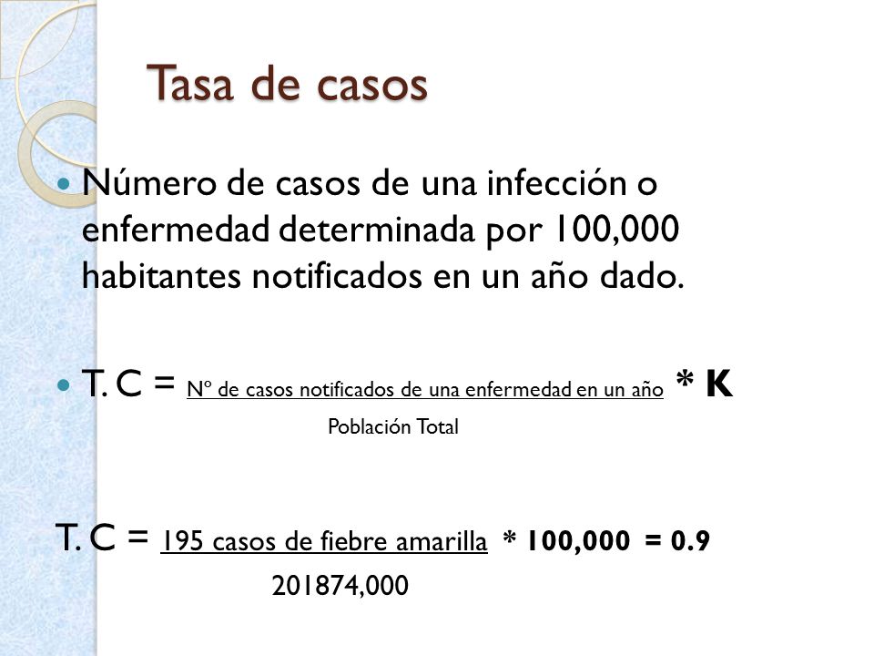 Tasa de casos Número de casos de una infección o enfermedad determinada por 100,000 habitantes notificados en un año dado.