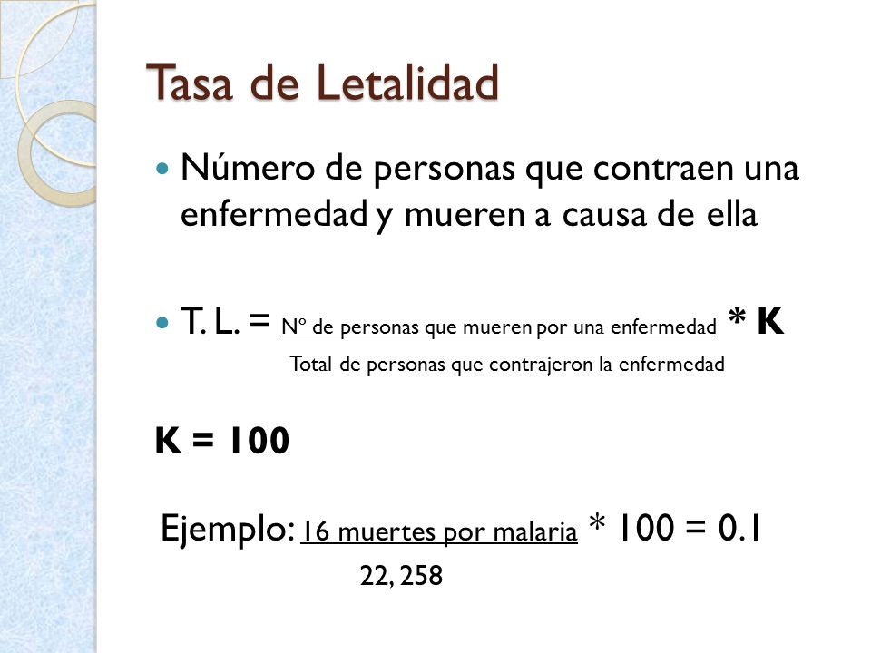 Tasa de Letalidad Número de personas que contraen una enfermedad y mueren a causa de ella.