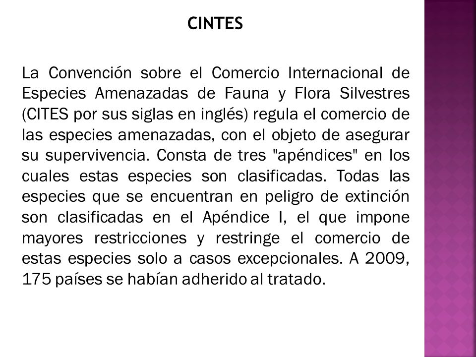 CINTES La Convención sobre el Comercio Internacional de Especies Amenazadas de Fauna y Flora Silvestres (CITES por sus siglas en inglés) regula el comercio de las especies amenazadas, con el objeto de asegurar su supervivencia.