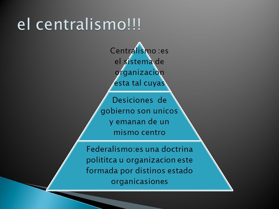 el centralismo!!! Centralismo :es el sistema de organizacion esta tal cuyas. Desiciones de gobierno son unicos y emanan de un mismo centro.