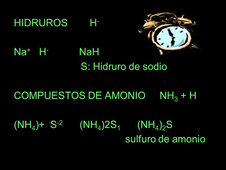 HIDRUROS H- Na+ H- NaH. S: Hidruro de sodio. COMPUESTOS DE AMONIO NH3 + H.