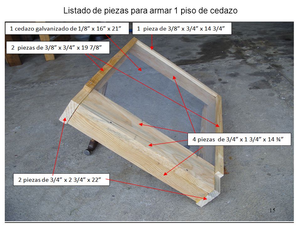 Listado de piezas para armar 1 piso de cedazo