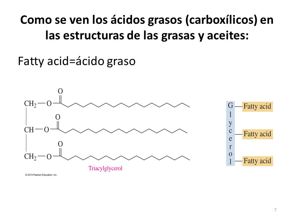 Como se ven los ácidos grasos (carboxílicos) en las estructuras de las grasas y aceites: