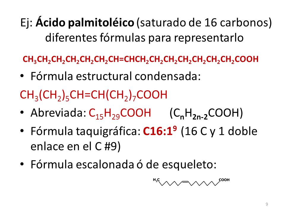 Ej: Ácido palmitoléico (saturado de 16 carbonos) diferentes fórmulas para representarlo