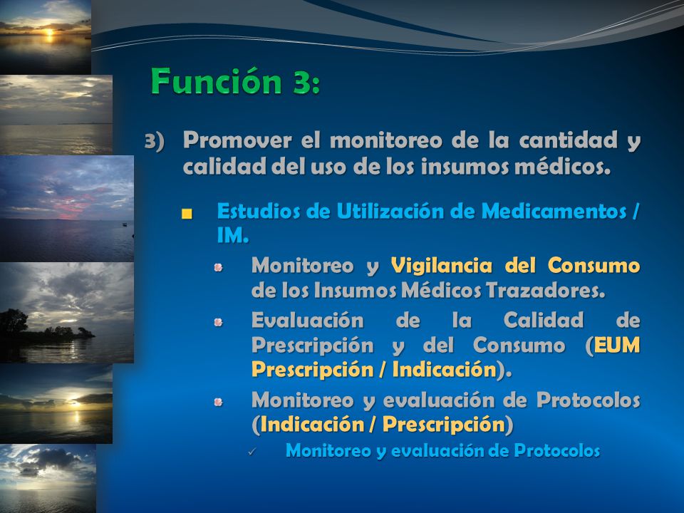 Función 3: Promover el monitoreo de la cantidad y calidad del uso de los insumos médicos. Estudios de Utilización de Medicamentos / IM.