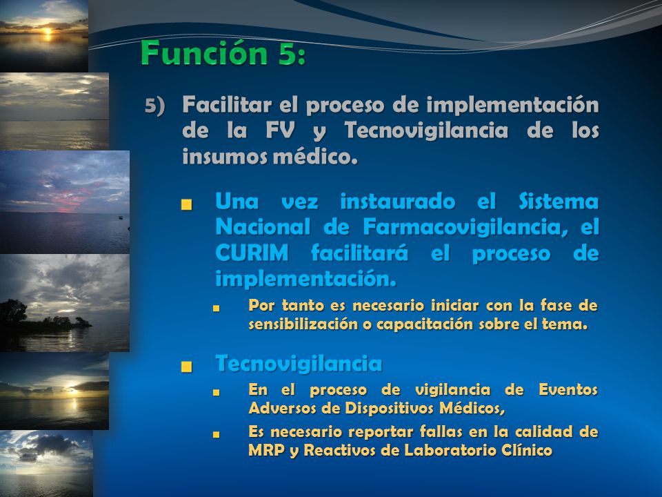 Función 5: Facilitar el proceso de implementación de la FV y Tecnovigilancia de los insumos médico.