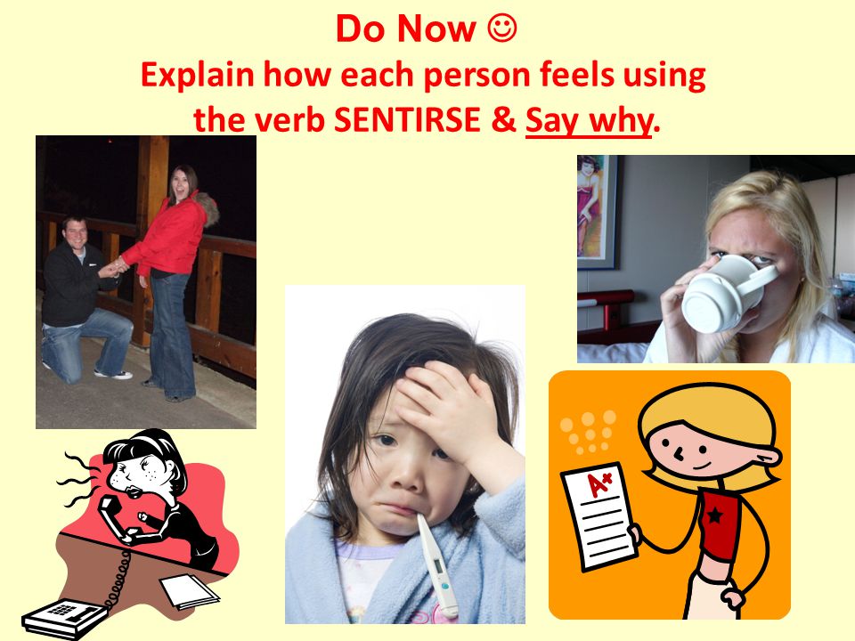 Explain how each person feels using the verb SENTIRSE & Say why.