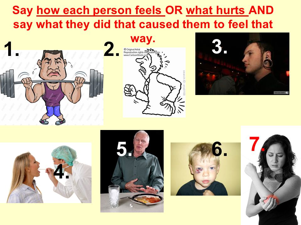 Say how each person feels OR what hurts AND say what they did that caused them to feel that way.