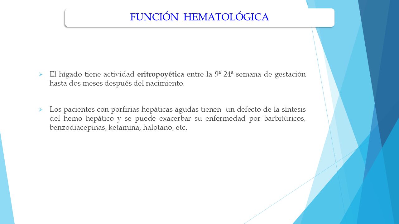 FUNCIÓN HEMATOLÓGICA El hígado tiene actividad eritropoyética entre la 9ª-24ª semana de gestación hasta dos meses después del nacimiento.