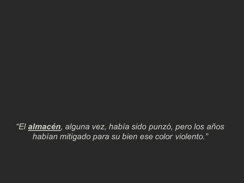 El almacén, alguna vez, había sido punzó, pero los años habían mitigado para su bien ese color violento.