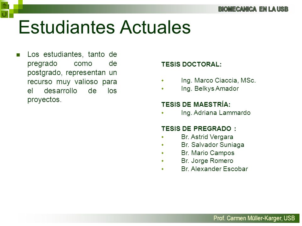 Estudiantes Actuales Los estudiantes, tanto de pregrado como de postgrado, representan un recurso muy valioso para el desarrollo de los proyectos.