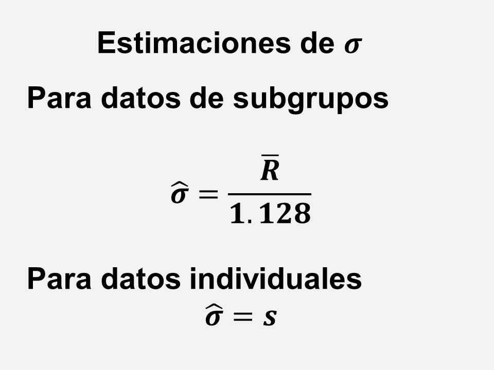 Estimaciones de 𝝈 Para datos de subgrupos 𝝈 = 𝑹 𝟏.𝟏𝟐𝟖 Para datos individuales 𝝈 =𝒔