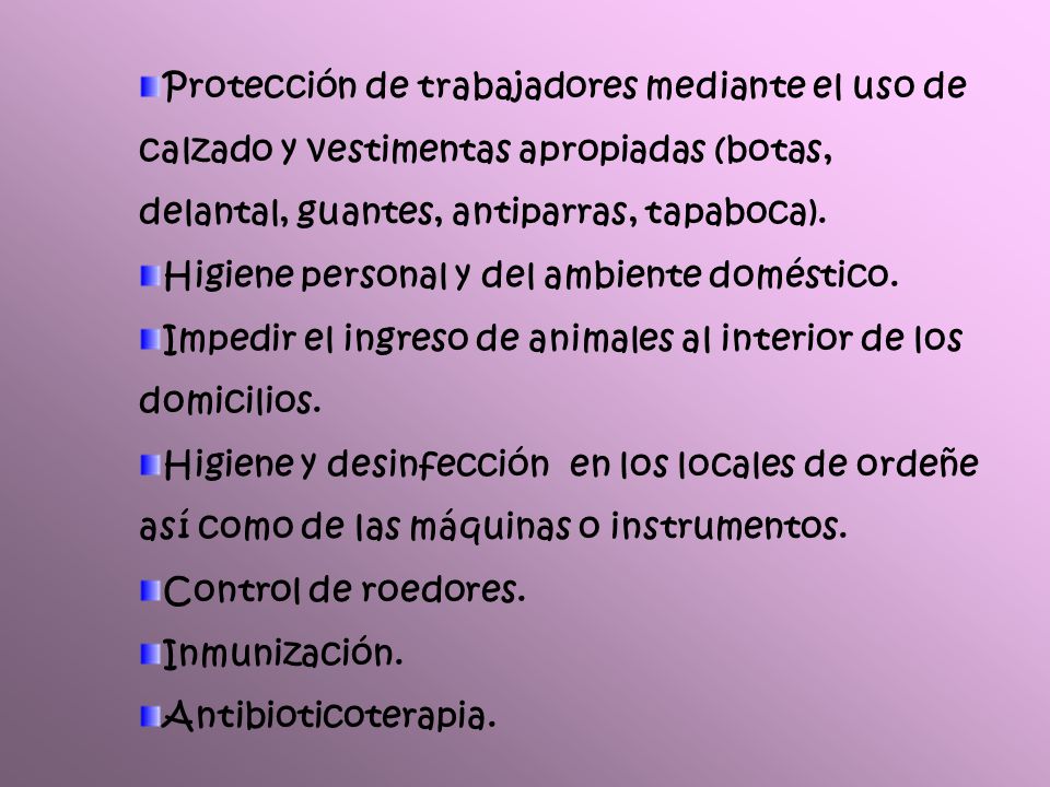 Protección de trabajadores mediante el uso de calzado y vestimentas apropiadas (botas, delantal, guantes, antiparras, tapaboca).