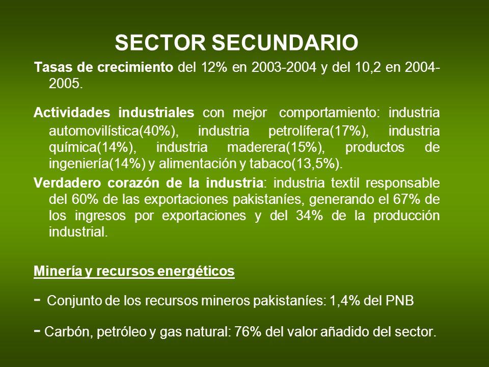 - Conjunto de los recursos mineros pakistaníes: 1,4% del PNB