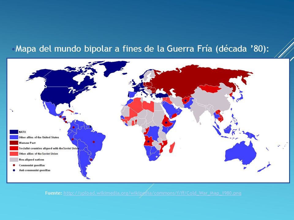 Mapa del mundo bipolar a fines de la Guerra Fría (década ’80):