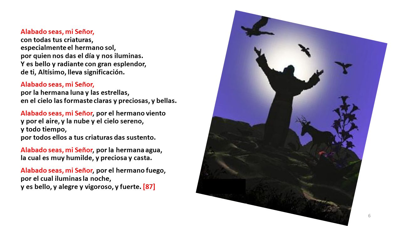 Alabado seas, mi Señor, con todas tus criaturas, especialmente el hermano sol, por quien nos das el día y nos iluminas.