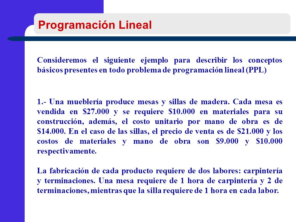 Programación Lineal Consideremos el siguiente ejemplo para describir los conceptos básicos presentes en todo problema de programación lineal (PPL)