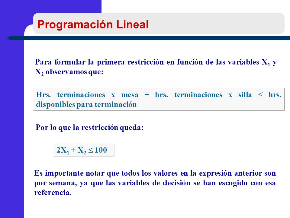 Programación Lineal Para formular la primera restricción en función de las variables X1 y X2 observamos que: