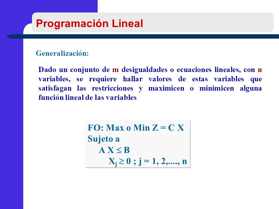 Programación Lineal FO: Max o Min Z = C X Sujeto a A X  B