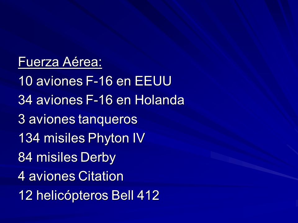 Fuerza Aérea: 10 aviones F-16 en EEUU. 34 aviones F-16 en Holanda. 3 aviones tanqueros. 134 misiles Phyton IV.
