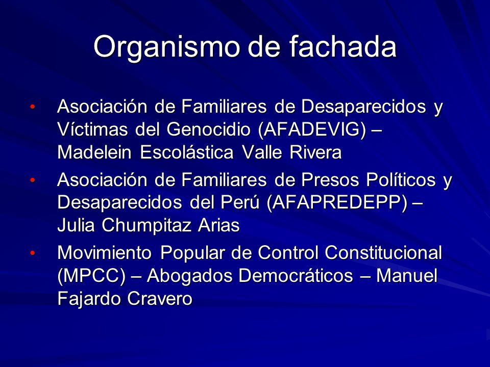 Organismo de fachada Asociación de Familiares de Desaparecidos y Víctimas del Genocidio (AFADEVIG) – Madelein Escolástica Valle Rivera.