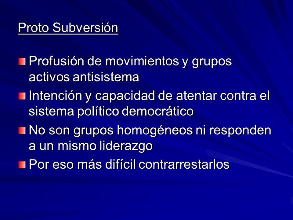 Proto Subversión Profusión de movimientos y grupos activos antisistema. Intención y capacidad de atentar contra el sistema político democrático.
