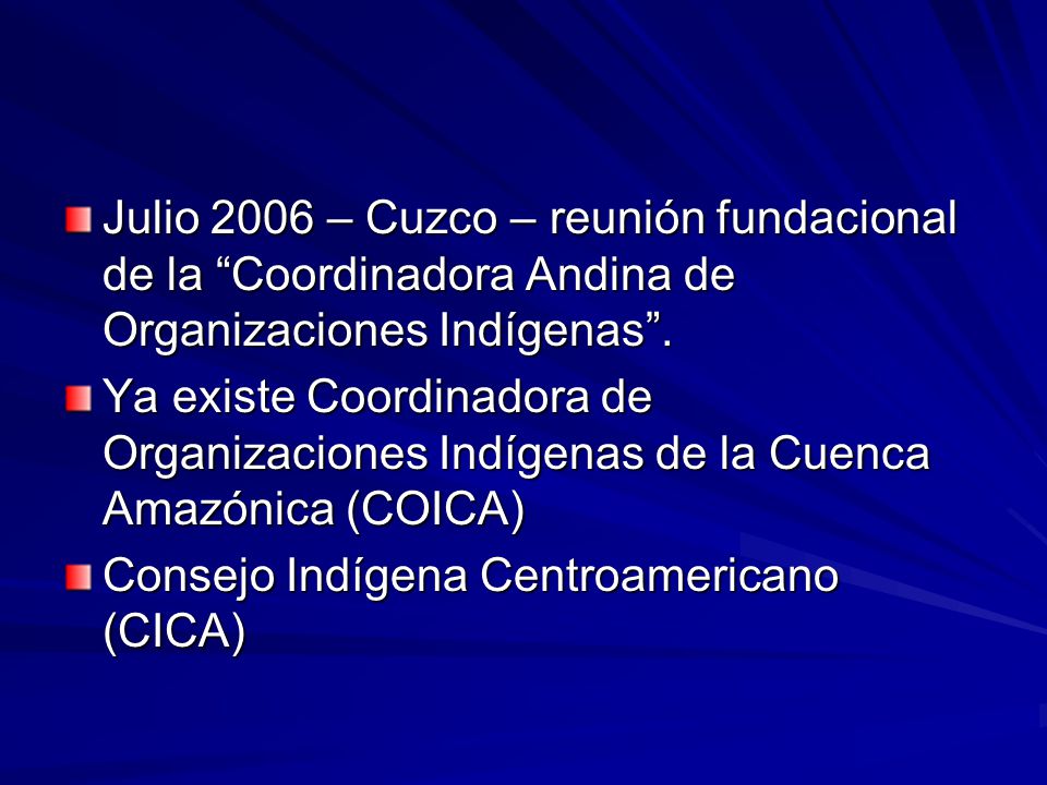 Julio 2006 – Cuzco – reunión fundacional de la Coordinadora Andina de Organizaciones Indígenas .